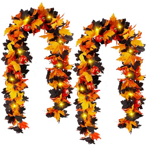 Orange Black Maple Leaf Garland 5.7Ft - 2 Pack Halloween Fall Autumn Decor
