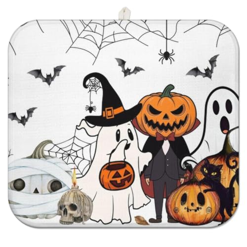 Halloween Dish Drying Mat Extra Large 16x18-Inch Microfiber Drainer Pads - Ghost Design, Black & White Variation