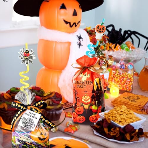 Halloween Reusable Drinking Straws Set - 24pcs Pumpkin Skull Ghost Vampire Designs
