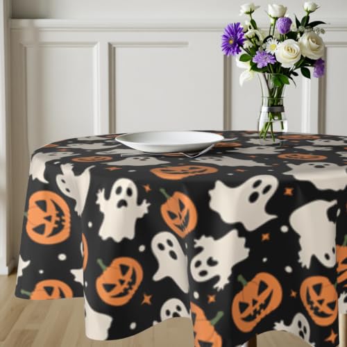 Halloween Ghost & Pumpkin Round Tablecloth 60 Inch Black Spooky Fall Decor - Variation of THIS listing
