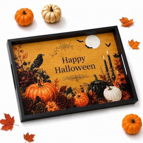 Bamboo Halloween Wooden Serving Tray with Handles 17x12 inches - Fall Decor