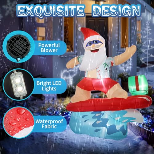 6.5FT Inflatable Santa Surfing Christmas Decoration with LED Lights - Outdoor Holiday Yard Lawn Decor