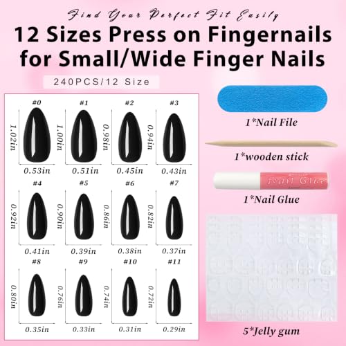 LuckForever Medium Almond Press On Nails - Black Fake Nails with Glue Tabs