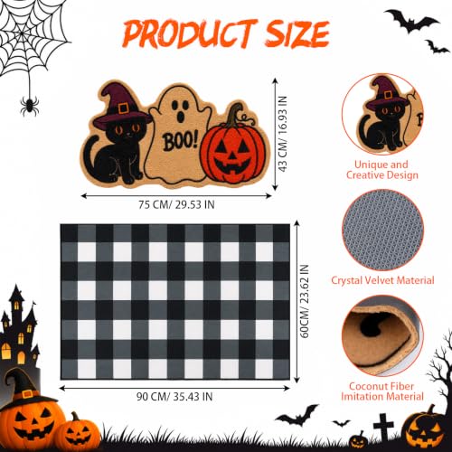 Halloween Welcome Door Mat Set - Black Cat Ghost Pumpkin, Coir & Velvet, Non-Slip, 2 Pieces - Cat Boo Variation