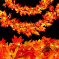 9FT Fall Garland with Lights - Connectable Orange Maple Leaf Decor - 3 Pack