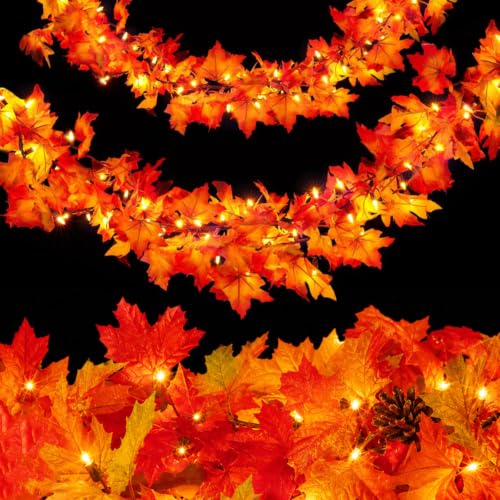 9FT Fall Garland with Lights - Connectable Orange Maple Leaf Decor - 3 Pack