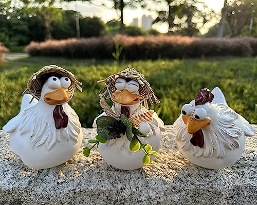 Ivory Resin Chicken Fence Decor Statues Set of 3 Outdoor Garden Sculptures