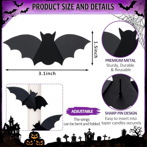 Halloween Bat Candle Pins for Taper Candles - Metal Decor, 12 Pack