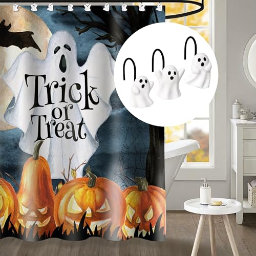 Ghost Shower Curtain Hooks - White Ghost with Black Hooks, Set of 12 Bathroom Decor