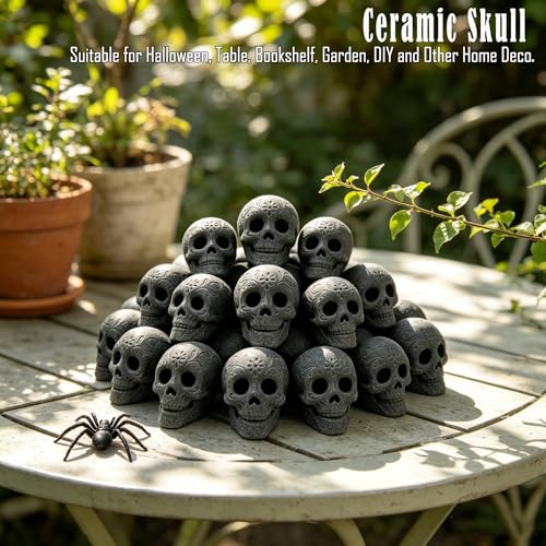 8 Piece Ceramic Skull Fire Pit Decor - Reusable Halloween Skeleton Head Set - Black Variation