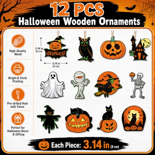 Wooden Halloween Hanging Decorations Set - Rustic Wreath Ornaments for Front Door, Window & Wall