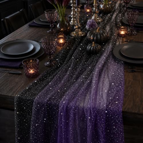 Black Purple Sequin Sheer Table Runner 120 Inch for Wedding Party Decor