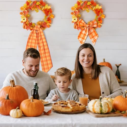Autumn Plaid Wreath Sash Set - 2 Pcs Fall DIY Bow Decorations for Front Door Thanksgiving Halloween