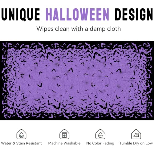 Halloween Bat and Spiderweb Tablecloth - 60 x 120 Inch Rectangular, Machine Washable Purple Fabric