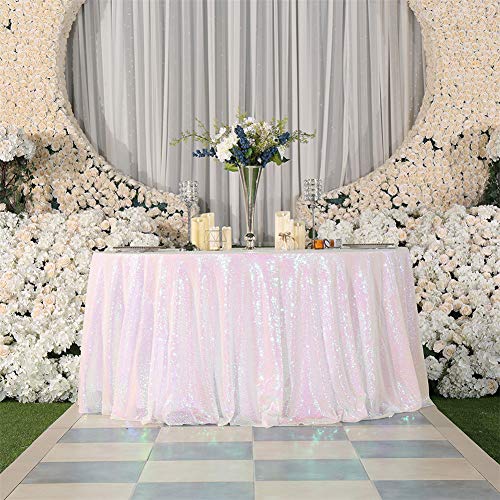 Iridescent 120-Inch Round Sequin Tablecloth - White Sparkly Overlay for Wedding & Party