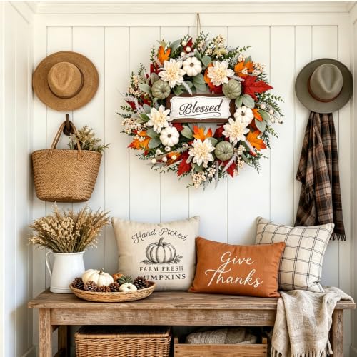 Idyllic 24-Inch Fall Wreath with Pumpkins Dahlias and Decorative Sign for Front Door