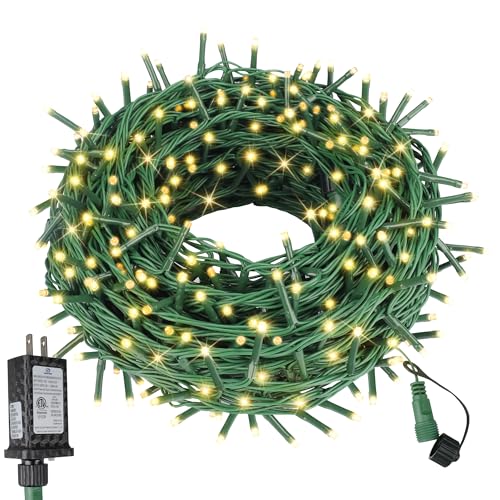 Outdoor Indoor Christmas String Lights - 99FT 300 LED Warm White Fairy Lights with 8 Modes & Timer - Green Wire