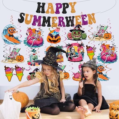 Summer Halloween Banner with Hanging Swirls - Tropical Party Decorations
