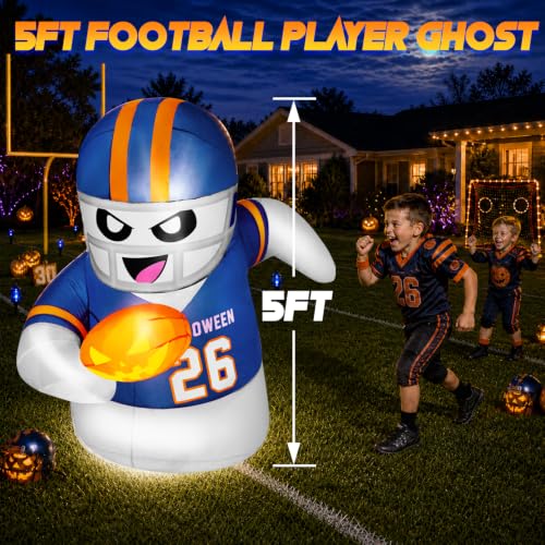 5FT Halloween Inflatable Ghost with Football and LED Lights - Outdoor Yard Decor