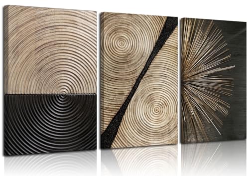3Pcs Abstract Canvas Wall Art Set - Wood Grain, Black and Gold Lines, 12x16in - Modern Home Decor