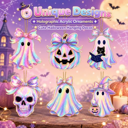 Halloween Hanging Ornaments Set - Pink Ghost Pumpkin Skull Glitter Bow Decorations - Style 6