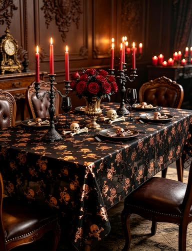 Halloween Skull Tablecloth 64x72 Inch Black and Gold Gothic Party Decor