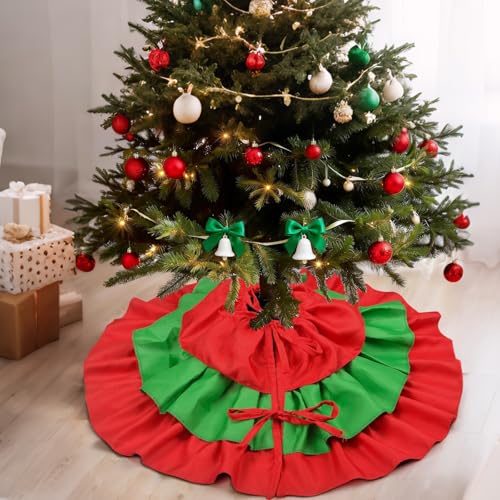 Mini Red and Green Christmas Tree Skirt - 24 Inch Ruffle Tabletop Holiday Decor