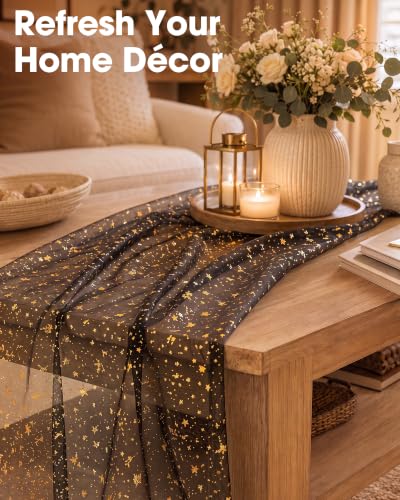 Niuara Black Gold Foil Tulle Table Runner 2 Pack - 27.5 x 120 Inches