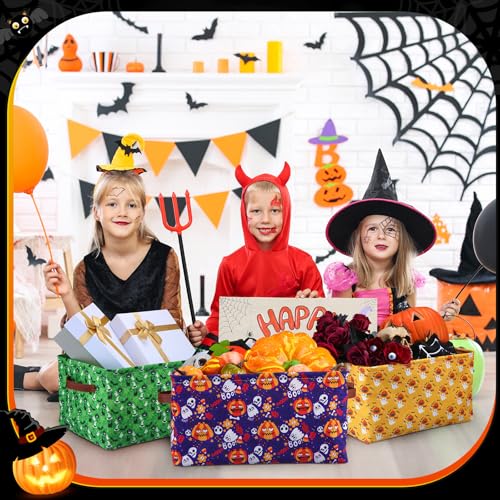 Halloween Storage Baskets - Foldable Canvas Organizer Bins with Handles - 4 Pack
