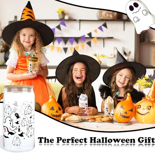 16oz Halloween Ghost Glass Cups with Lids & Straws - Cute Ghost Pattern, Gift Box Included