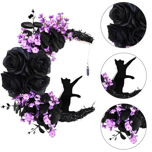 Halloween Wreath Decorations - Black Cat Half Moon Wreath with Lights - Purple Rose Variation