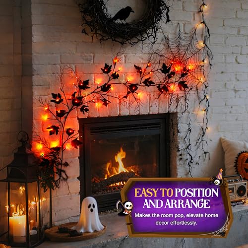 Halloween Garland with Orange LED Lights - 6.56 ft Lighted Vine Twig String Lights, 8 Modes & Timer, 12 Ornaments, Battery Operated, Indoor Decor - Orange