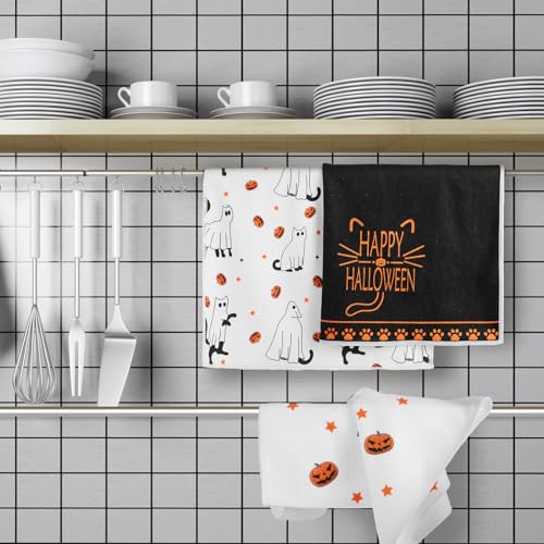 Halloween Cat Dish Towels Set - 4 Pack Absorbent Microfiber Kitchen Towels 14x21 Inches