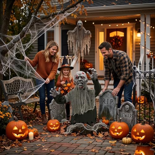 Outdoor Ground Zombie Halloween Decor with Flashing LED Eyes - Animated Yard Prop