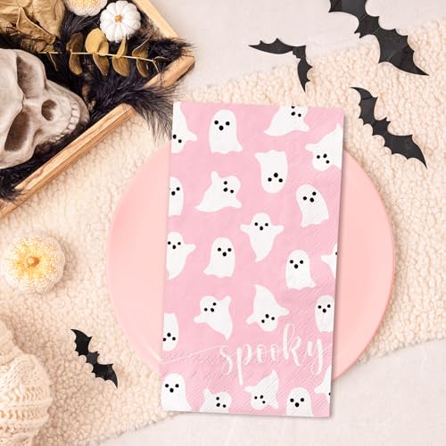 Pink Halloween Ghost Guest Napkins - 100 Pack Disposable Party Table Supplies