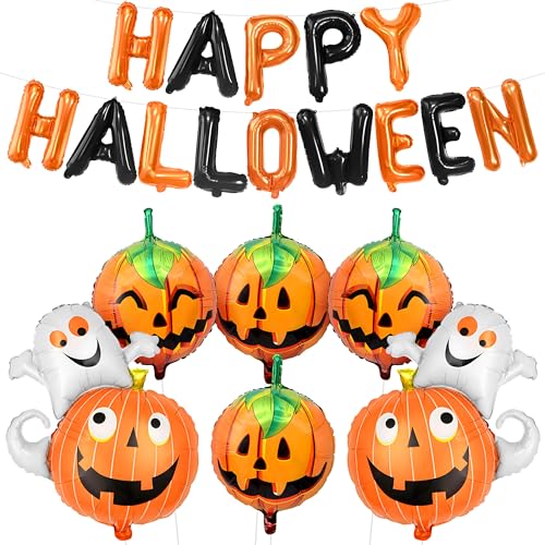 Halloween Balloons Banner Set with Ghost and Pumpkin Foil Balloons - Pack of 7