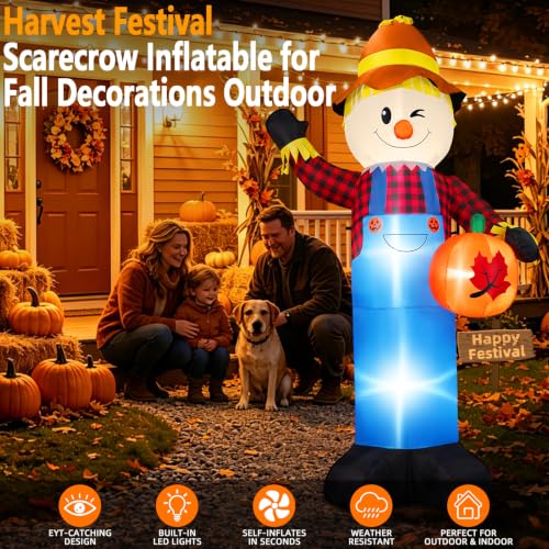 8FT Fall Inflatable Scarecrow Yard Decoration with Pumpkin & LED Lights - Greeting Style