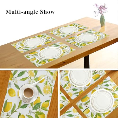 Set of 6 Washable Non-Slip Lemon Flowers Placemats - Heat Resistant Burlap Table Mats for Dining & Kitchen