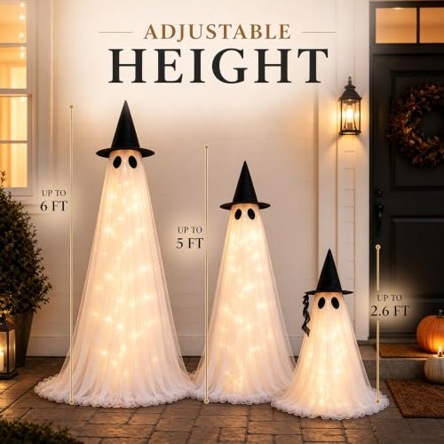 Light Up Ghost Halloween Decorations Outdoor - 3 Pack Adjustable Tall & Small Ghosts with Remote