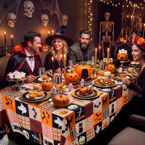 Halloween Spooky Black Cat Bat Pumpkin Tablecloth - 60x84 Inches - Festive Decor