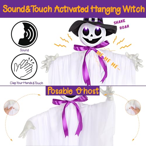 55-Inch Halloween Hanging Ghost with Witch Hat & LED Lights - Animated Spooky Decor