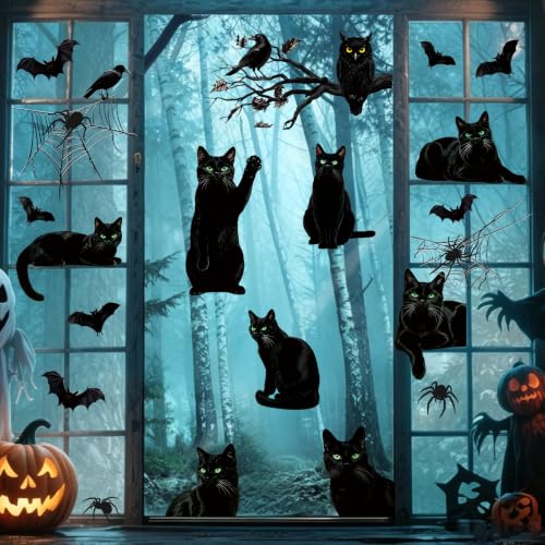 Large Black Halloween Window Clings - 9 Sheets Bat Cats Spiderweb Decor for Glass Windows & Doors
