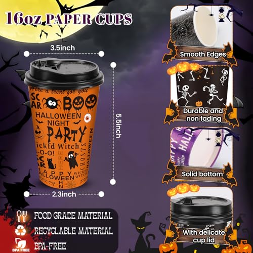 Halloween 16oz Disposable Coffee Cups with Lids - 48 Pack Party Supplies