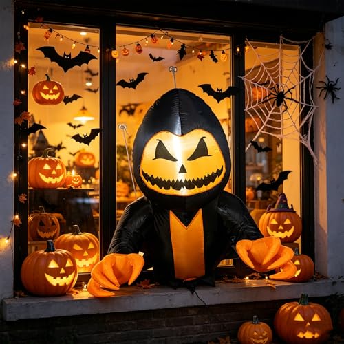Inflatable Halloween Window Decoration - Pumpkin Ghost with White Lighting, 3.5 ft