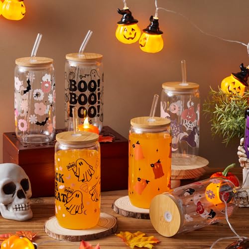 Halloween Mason Cup Set - Trick or Treat Style, 6 Glass Tumblers with Lids & Straws