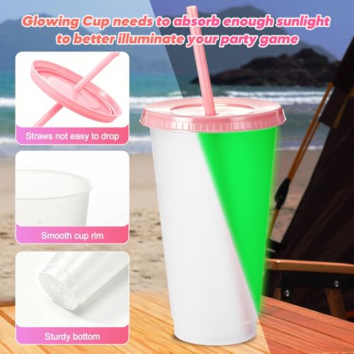 15 Pack Glow in the Dark Halloween Cups with Pink Lids - 24 oz Reusable Plastic Drinkware