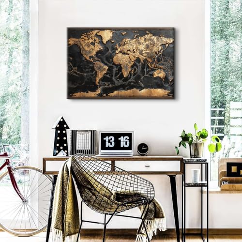 36L x 24W Black and Gold World Map Wall Art Canvas Print - Modern Office Decor