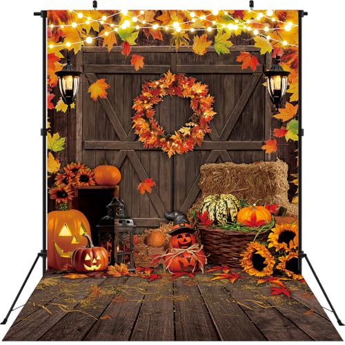 Fall Thanksgiving Backdrop 6x8FT Autumn Rustic Wooden Floor Maple Leaf Scene