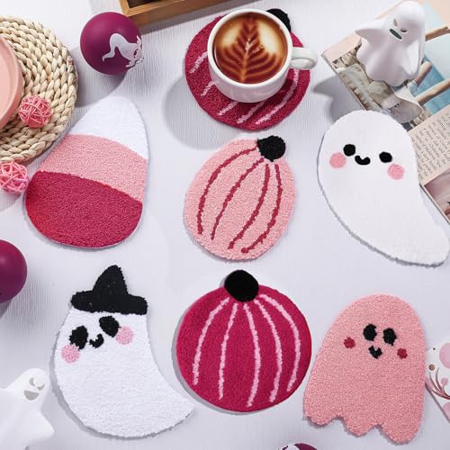 Pink Halloween Coasters Set - Ghost Pumpkin Candy Corn Decor, 6 Pieces
