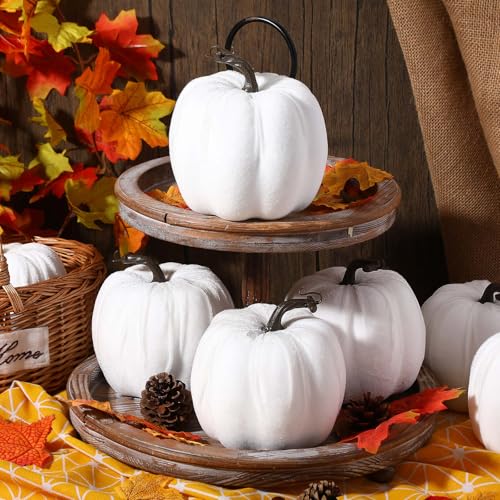 12 Pack 6-Inch Velvet Artificial Pumpkins for Fall Halloween Thanksgiving Home Decor - White